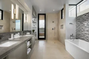 Modern Bathroom Renovation featuring elegant tiles, sleek fixtures, and a stylish design that combines functionality with contemporary comfort
